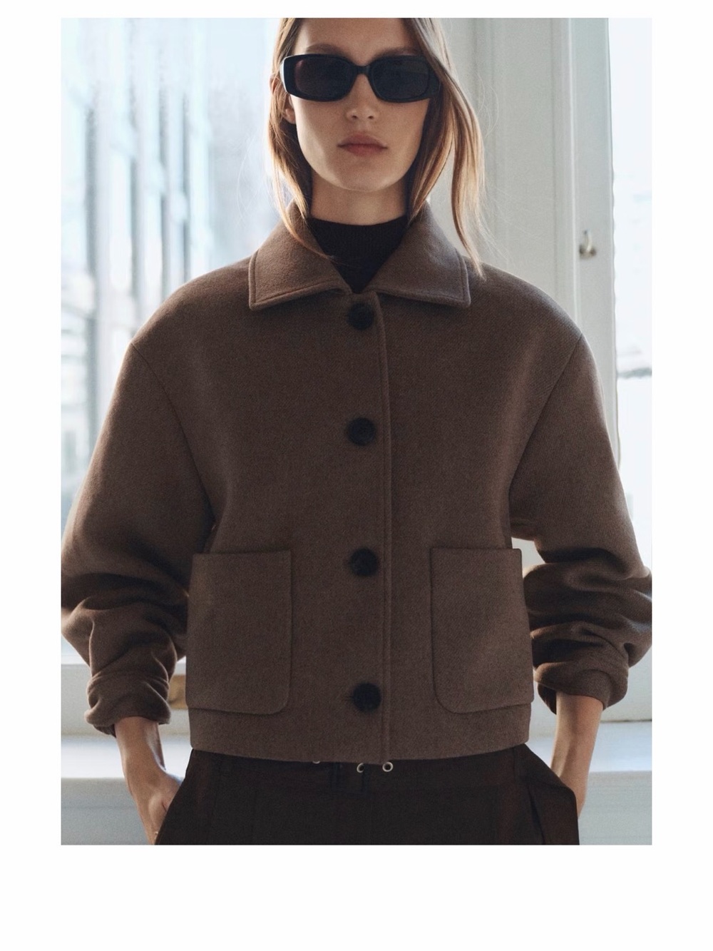 MANGO Wool Blend Jacket Brown XS Cropped Button Front